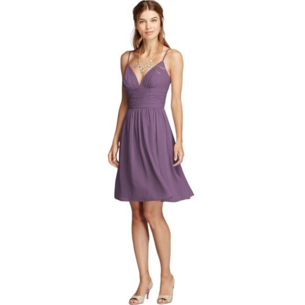 David's Bridal Deep V Dress Size 8 Iris Lavender Spaghetti Strap Chiffon A Line
